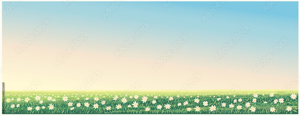 Spring rural landscape with flowering meadow with a carpet of large flowers in the foreground. Vecto