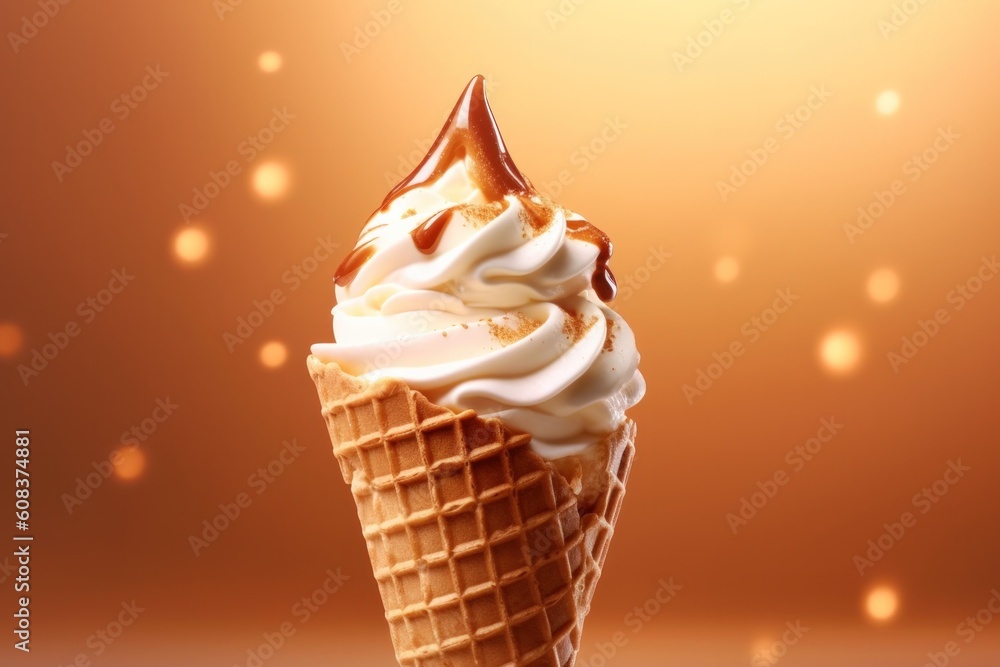 Ice cream cone with caramel. Illustration AI Generative.