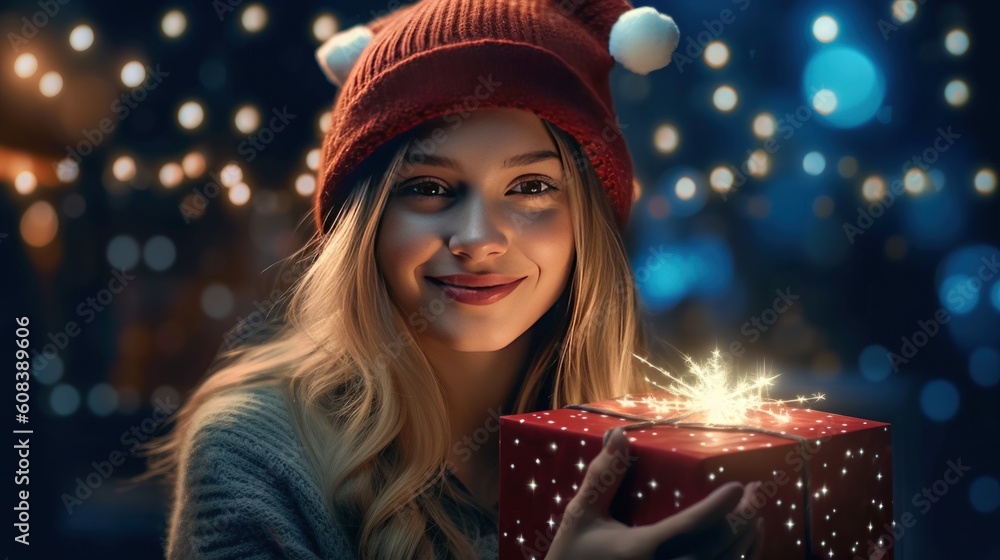 Girl with magic Christmas box. Illustration AI Generative