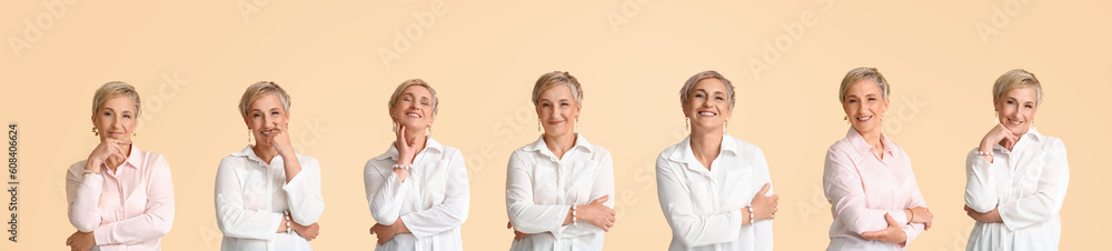 Set of fashionable mature woman on beige background