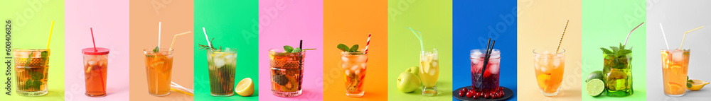 Group of tasty cold ice tea on color background