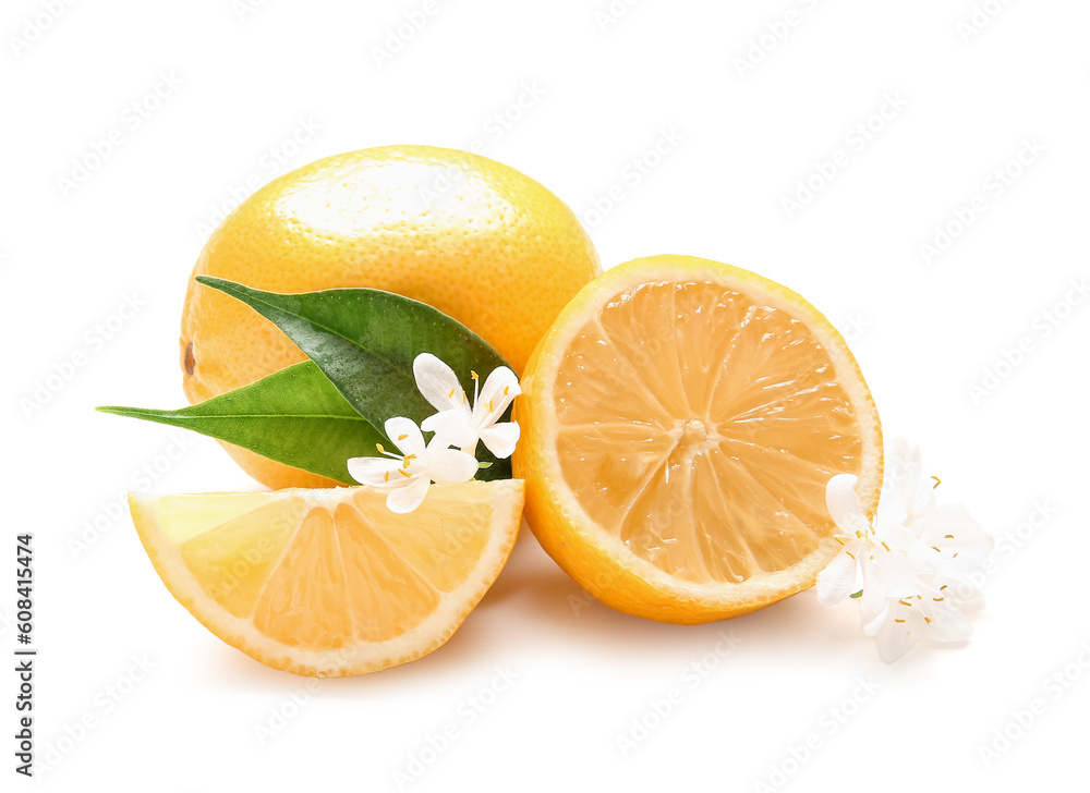 Delicious ripe lemons and flowering branches on white background