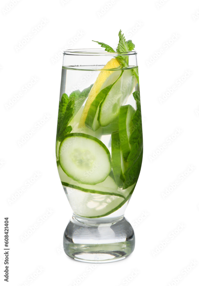 Glass of infused water with cucumber slices on white background