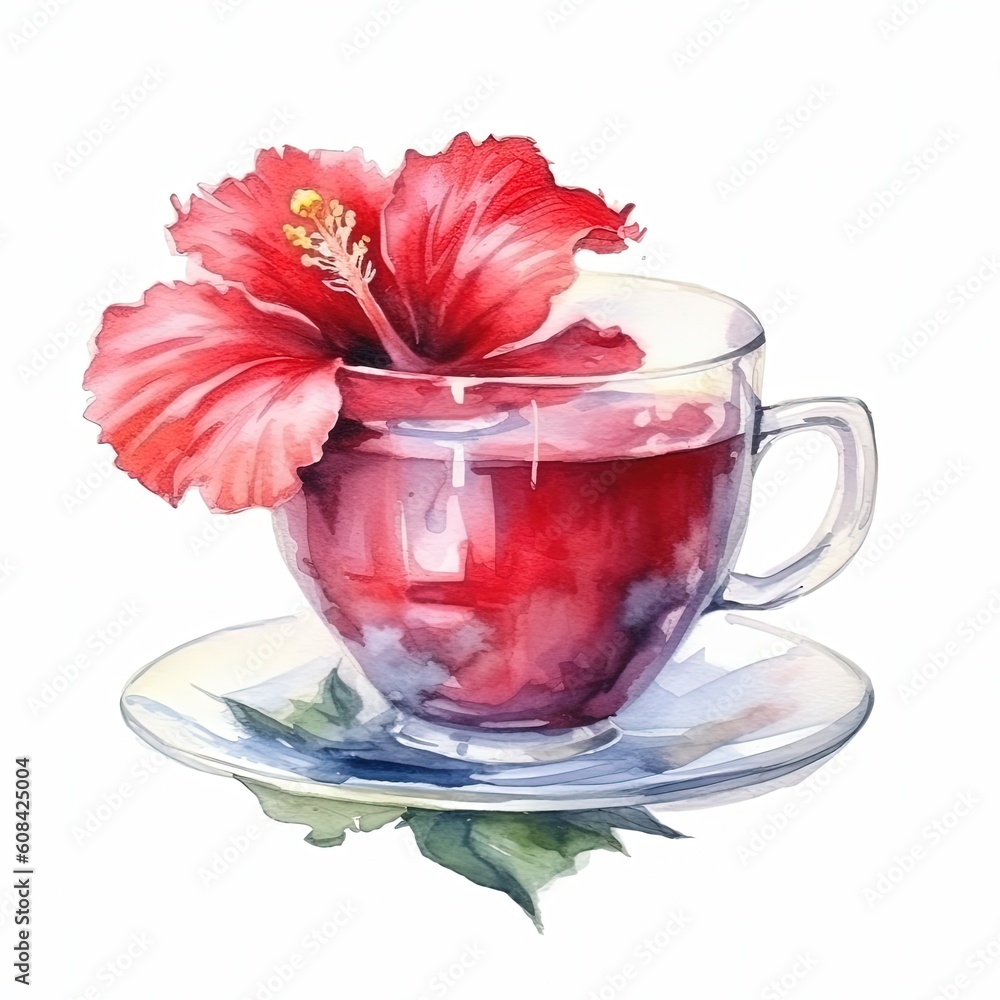 Watercolor tea with hibiscus flower. Illustration AI Generative.