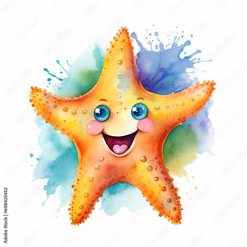 Cute watercolor starfish. Illustration AI Generative.