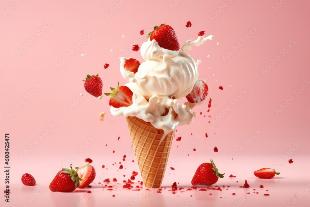 Strawberry ice cream. Illustration AI Generative