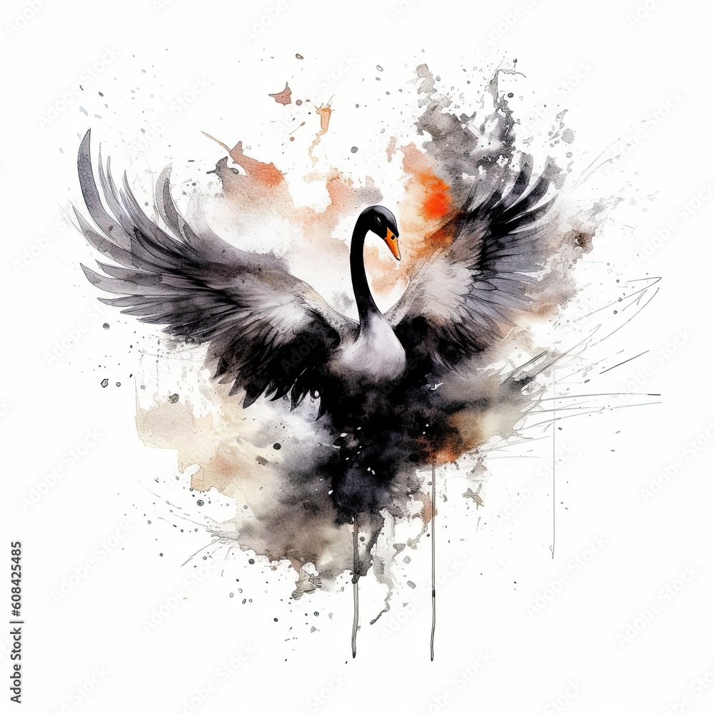 Watercolor black swan. Illustration AI Generative.