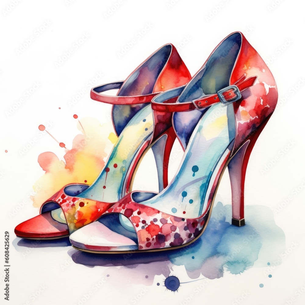 Watercolor fashion shoes. Illustration AI Generative.