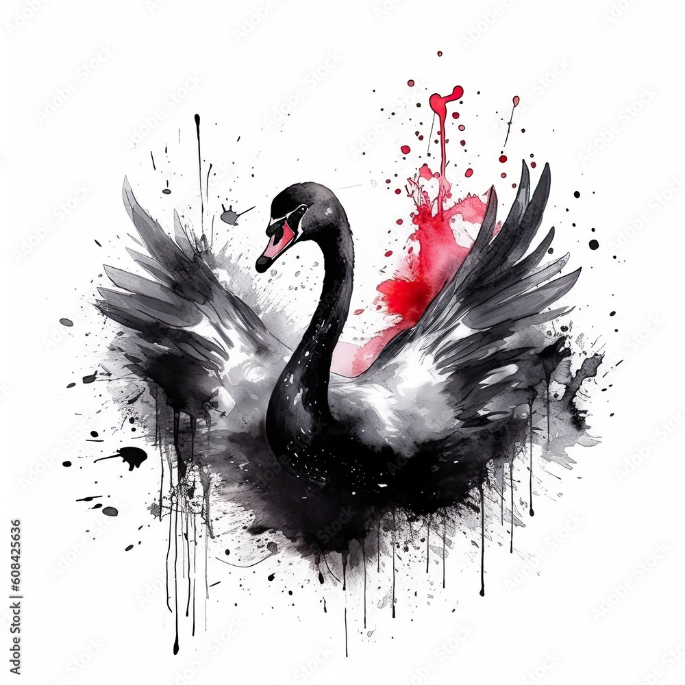 Watercolor black swan. Illustration AI Generative.