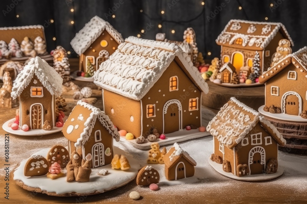 festive table filled with gingerbread houses and decorations Generative AI