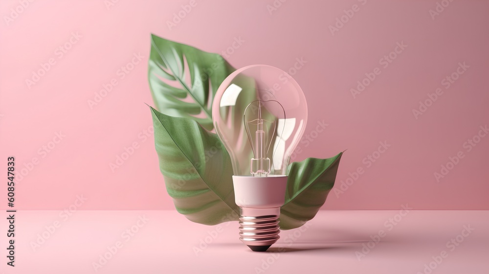 Green energy concept, light bulb with leaves, set against modern pink and violet hues. This image sp