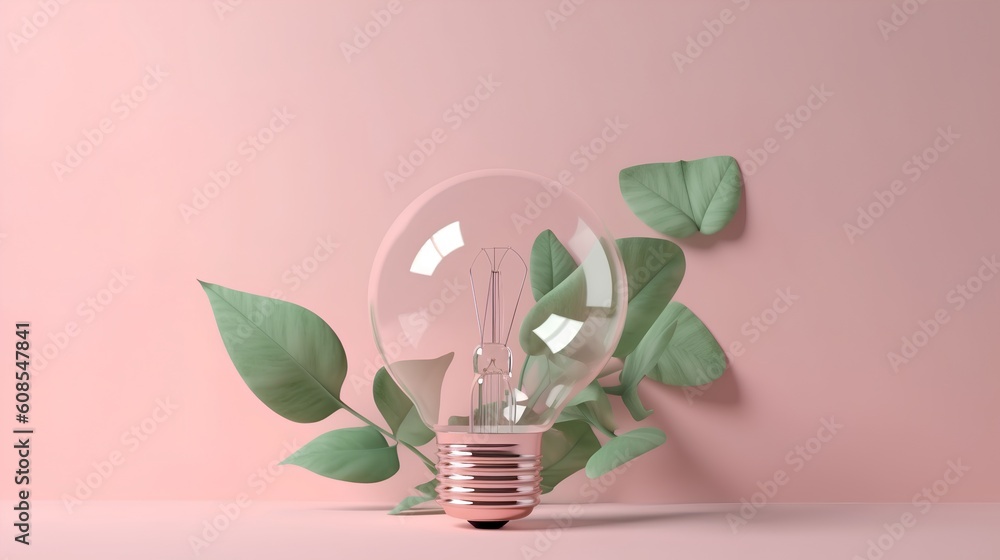 Green energy concept, light bulb with leaves, set against modern pink and violet hues. This image sp