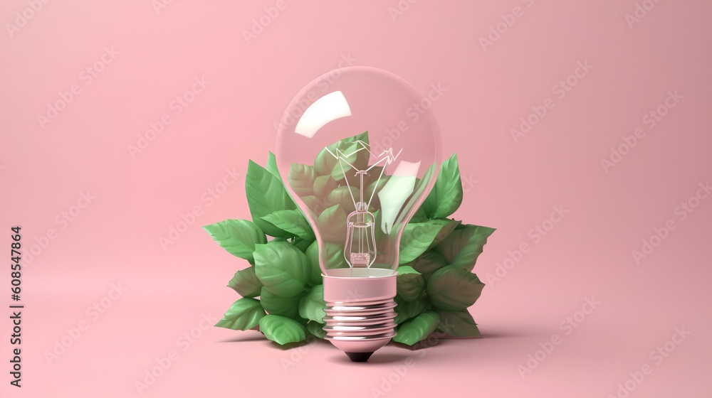 Green energy concept, light bulb with leaves, set against modern pink and violet hues. This image sp