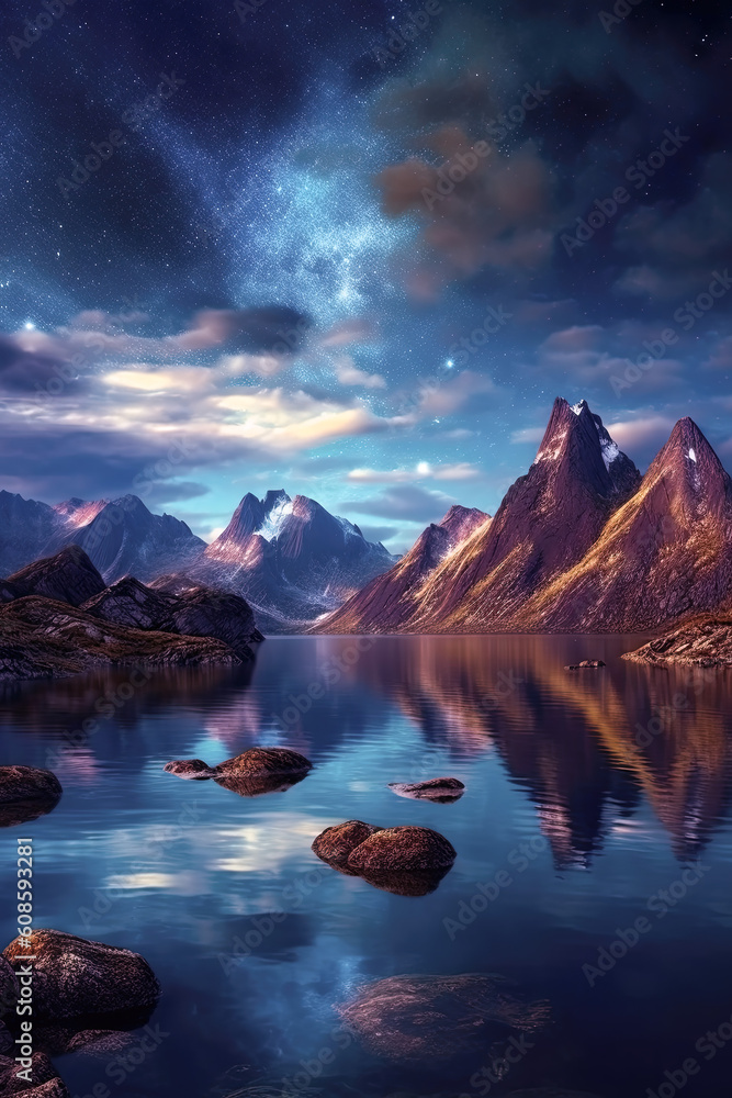 In the background of the starry sky, the natural landscape of mountains and water