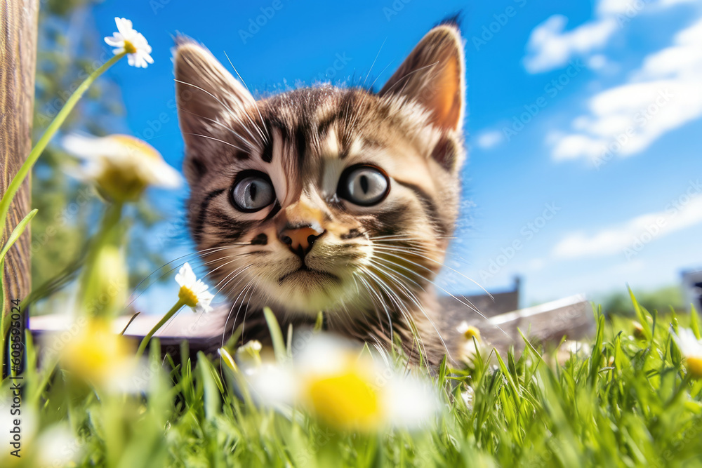 Cute pet cat on outdoor grassland