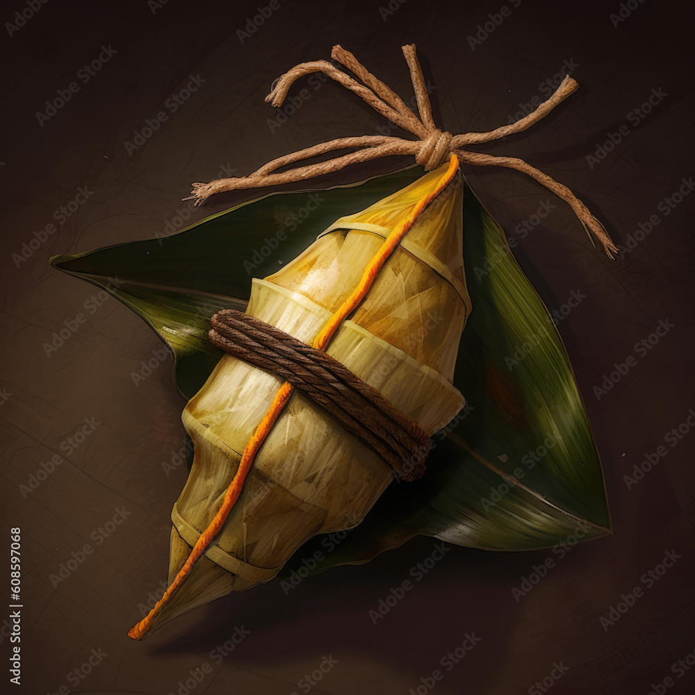 Asian Chinese Rice Dumpling, Zongzi, on Black Background.