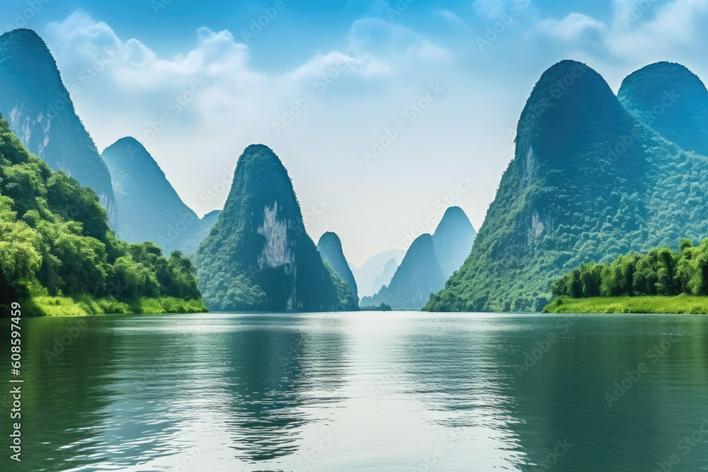 The natural landscape of the mountains and water in Guilin, China