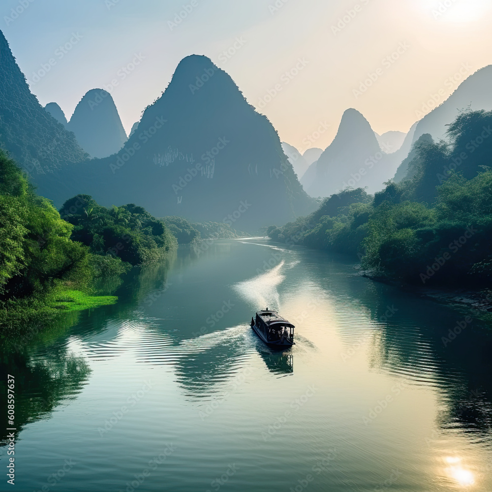 The natural landscape of the mountains and water in Guilin, China