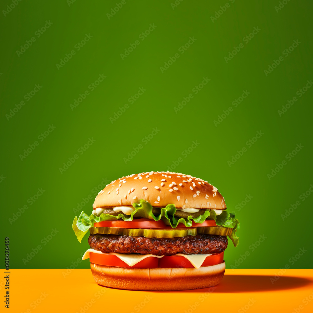 Hamburger on a green background with copy space, mock up. Generative AI.