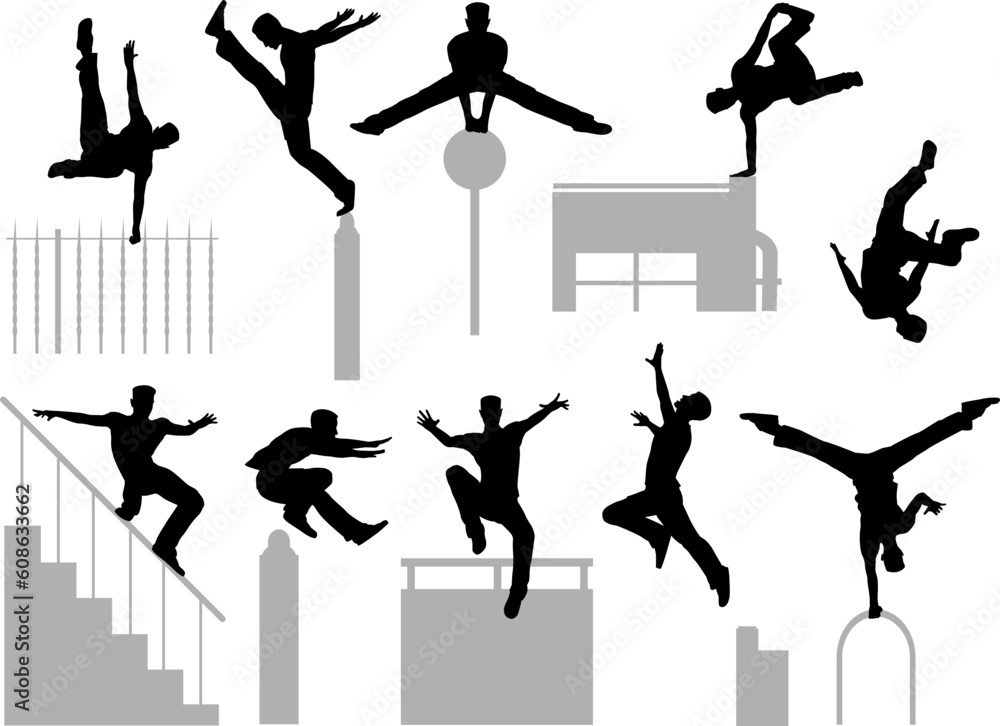 Set of editable vector silhouettes of a man doing parkour