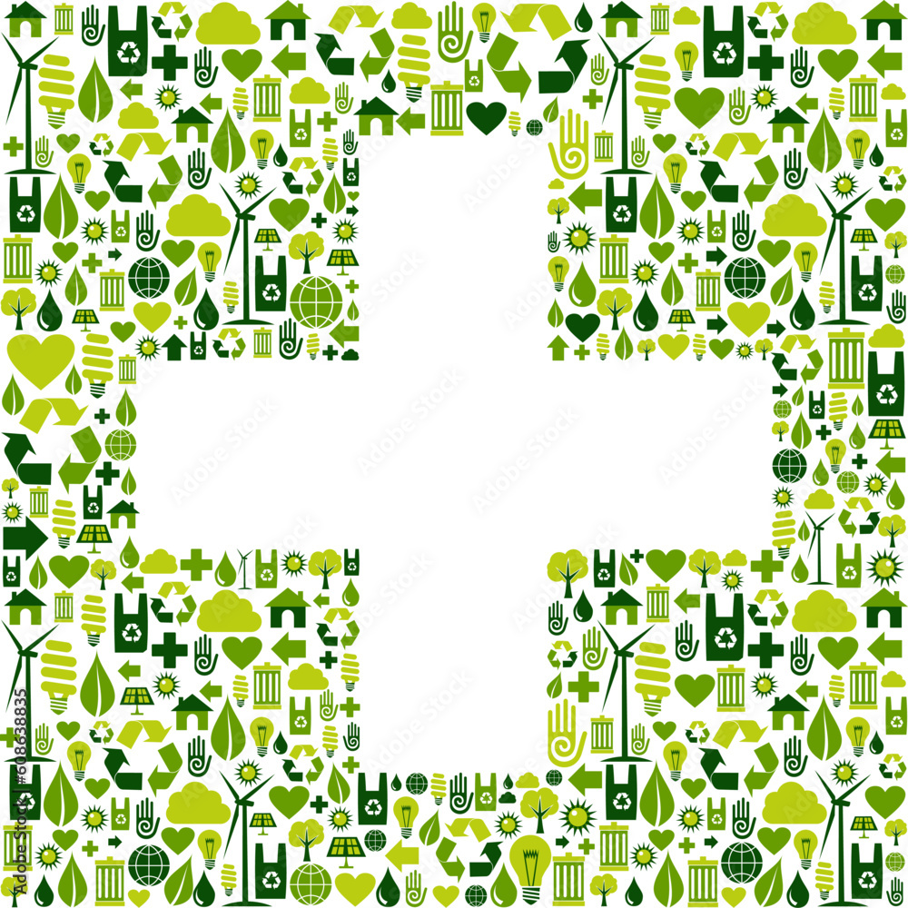 Green icons set in plus shape background. Vector file available.