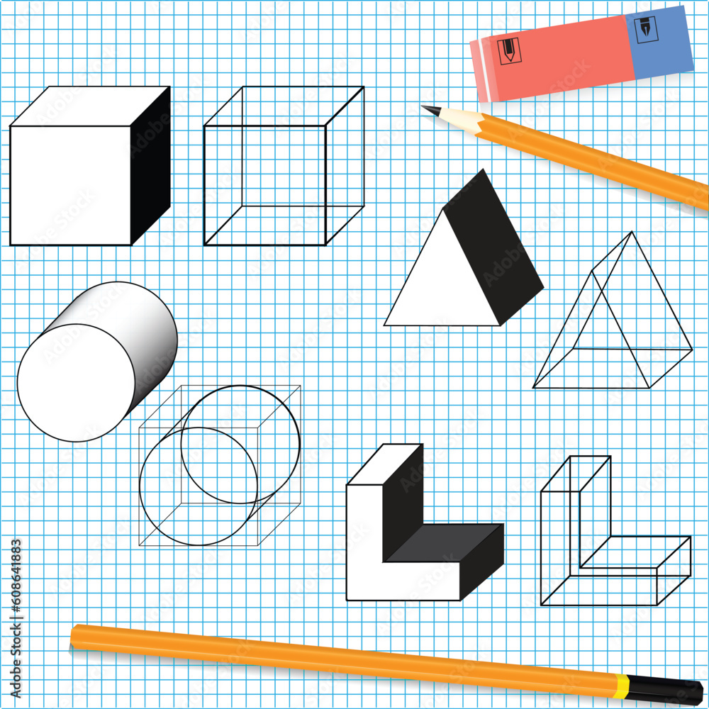 Simple drawing objects with a pencil and eraser. Vector illustration.