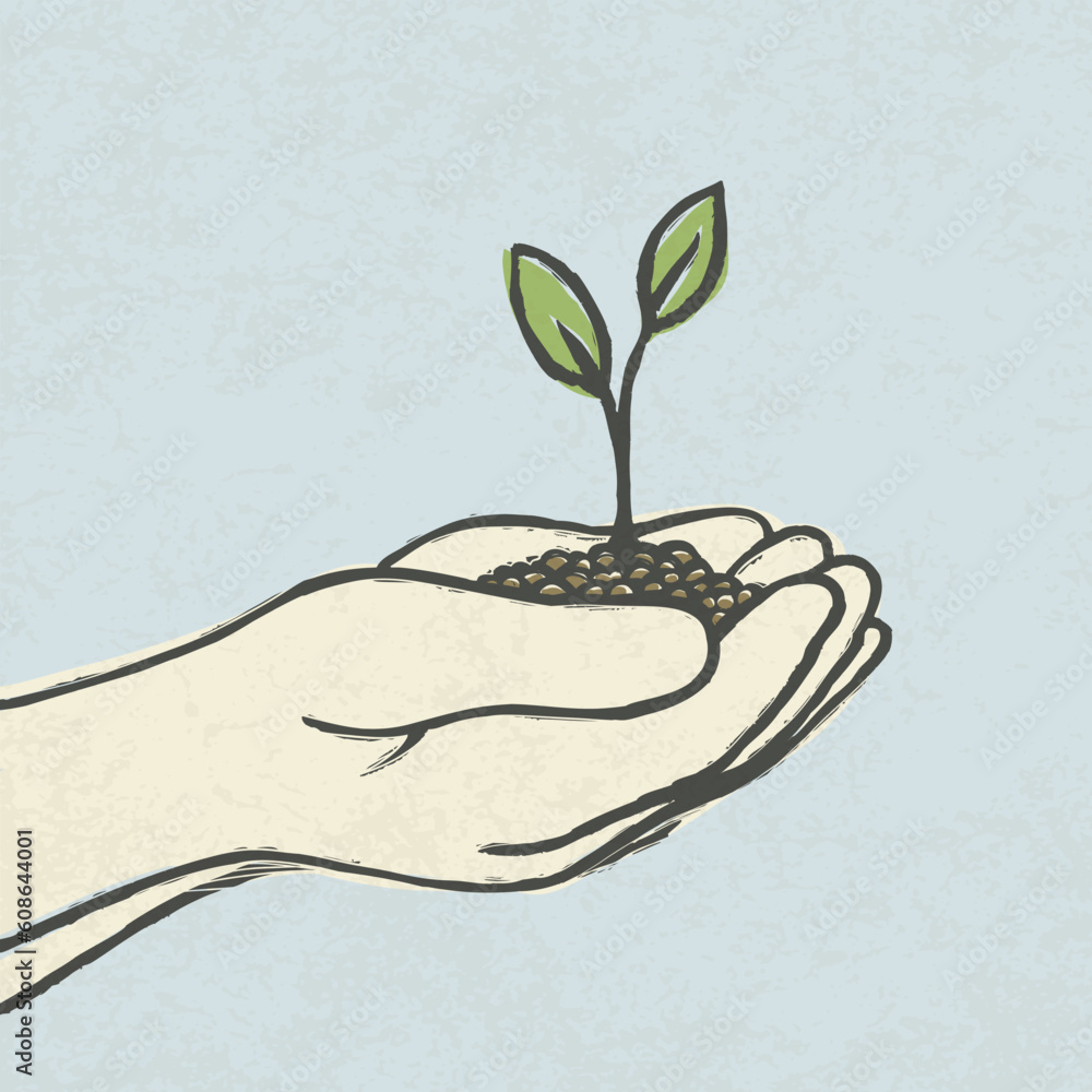 Hands with green sprout and dirt heap. Hand-drawn vector illustration, EPS10.