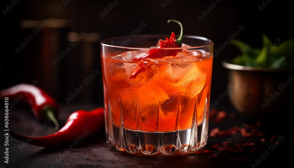 A spicy cocktail with chili pepper and lime slice garnish generated by AI