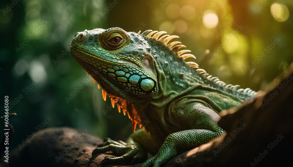 Spooky horned lizard crawls on branch in tropical rainforest generated by AI