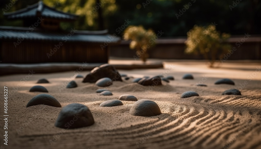 Tranquil coastline blue water, pebble beach, and rocky landscape generated by AI