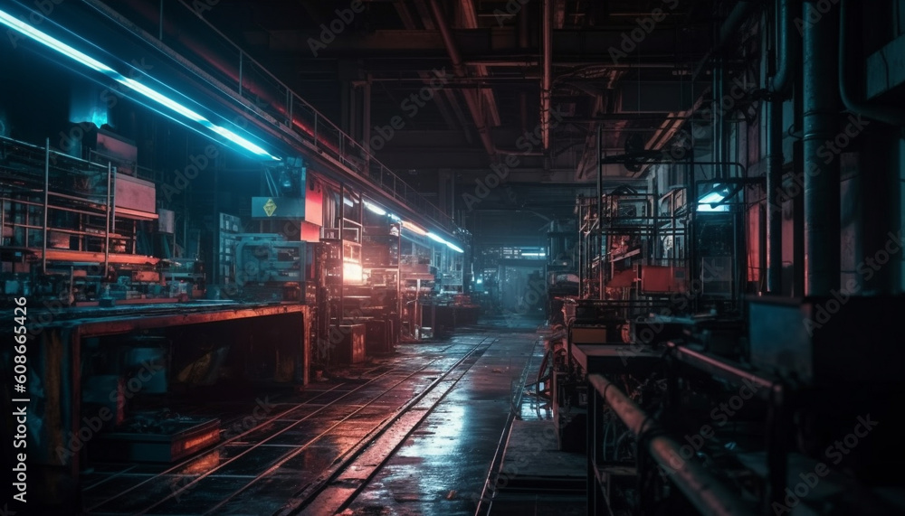 Dark night illuminates modern metal industry heavy machinery and equipment generated by AI