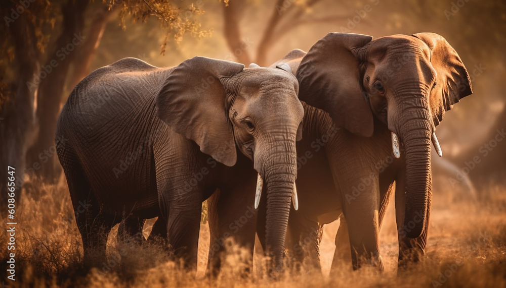 African elephant herd grazes peacefully in tranquil savannah sunset generated by AI