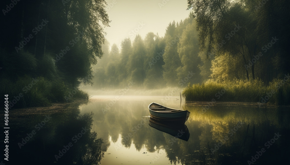 A tranquil scene of a rowboat on a foggy pond generated by AI