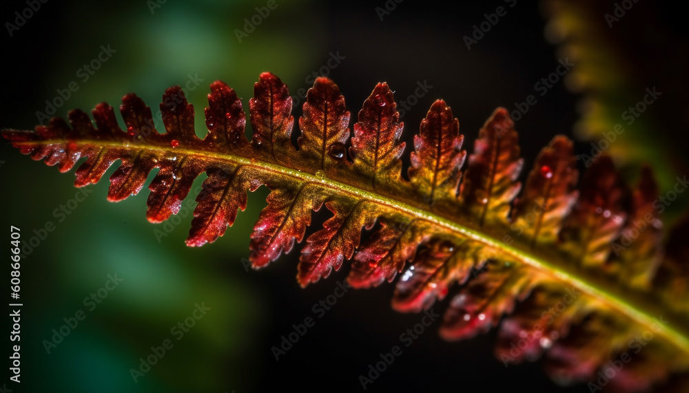 Vibrant frond in dark forest, a symbol of growth and beauty generated by AI