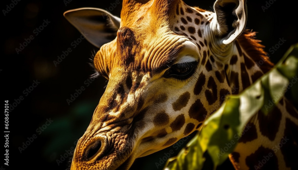 Spotted elegance Giraffe beauty in nature, focus on foreground generated by AI