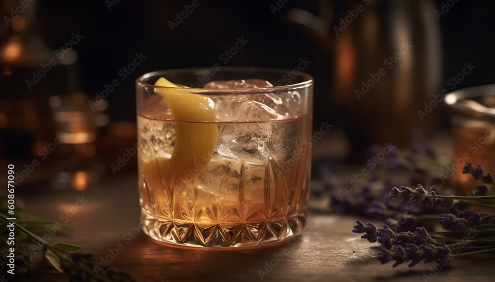 A rustic whiskey bottle on a wooden table, luxury drinking generated by AI