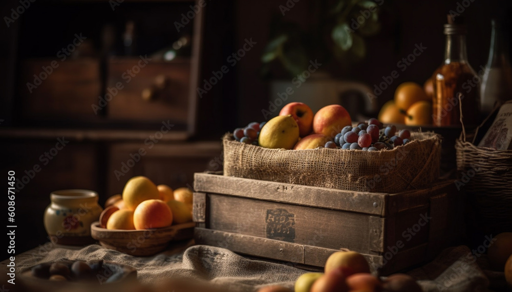 Rustic farm table displays homemade autumn dessert with juicy apples generated by AI