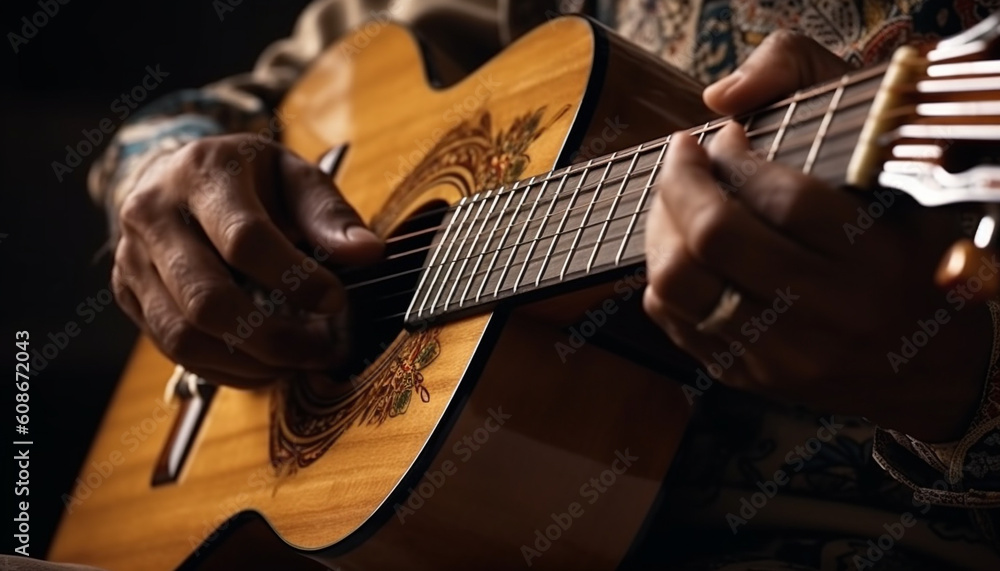 The skilled guitarist plucks the strings, creating beautiful music generated by AI