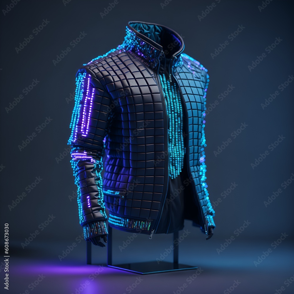 A mannequin wearing a jacket with neon lights