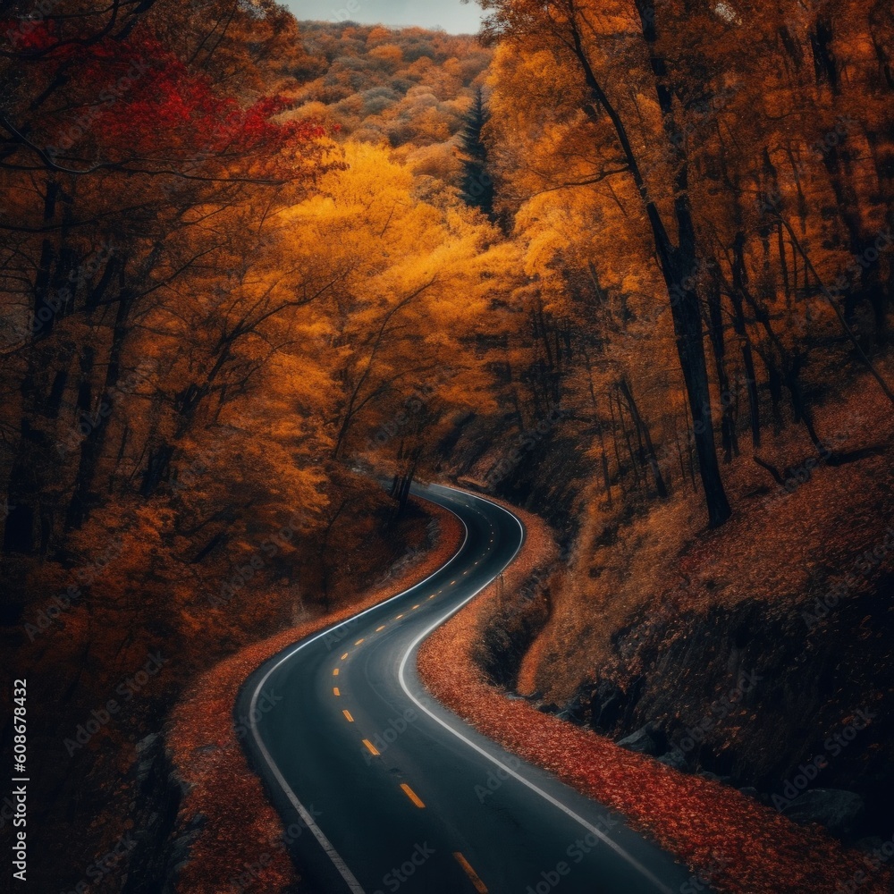 Autumn forest road. Illustration AI Generative.