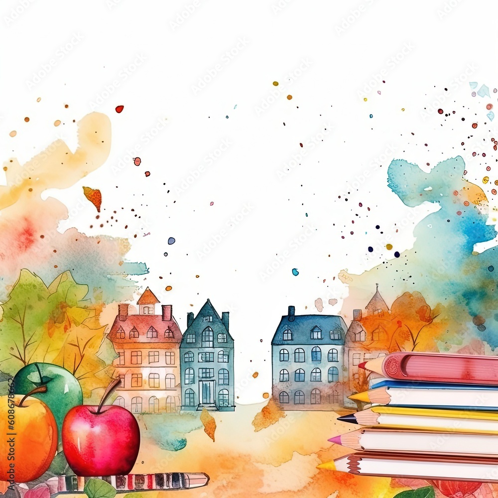 Back to school watercolor background. Illustration AI Generative.