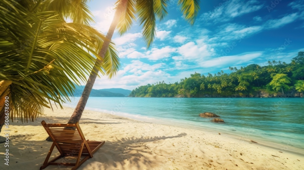 Beautiful tropical beach and sea with chair on blue sky. Illustration AI Generative.