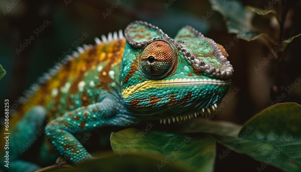 A cute chameleon with spotted skin looks at the camera generated by AI