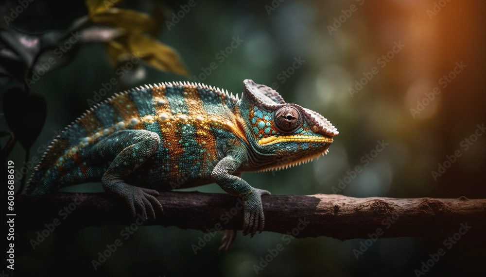 Endangered gecko in tropical forest, horned iguana watches from branch generated by AI