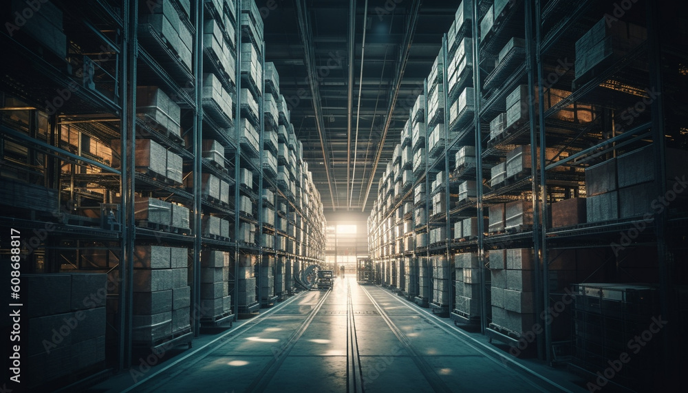 In the factory storage room, a large group of objects generated by AI