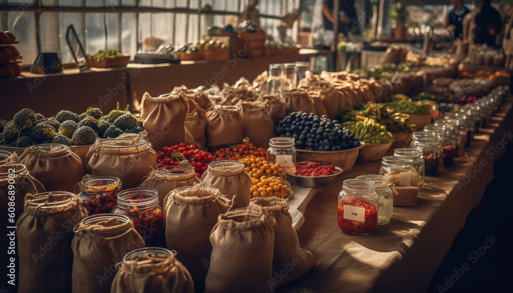 A gourmet gift basket of fresh organic fruit and vegetables generated by AI