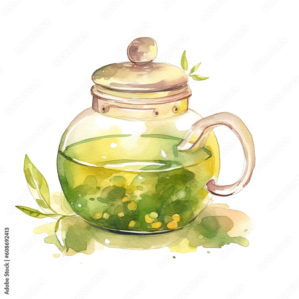 Watercolor green tea. Illustration AI Generative.