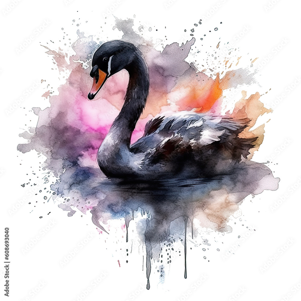 Watercolor black swan. Illustration AI Generative.