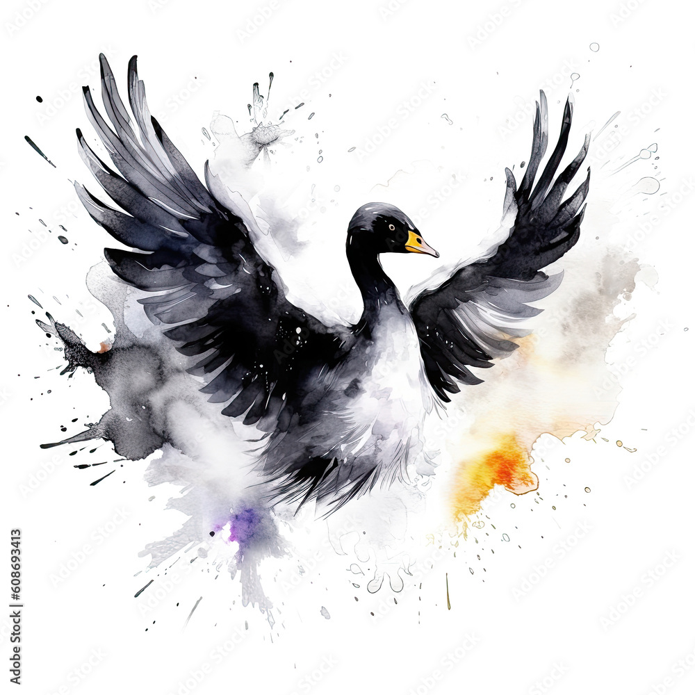 Watercolor black swan. Illustration AI Generative.