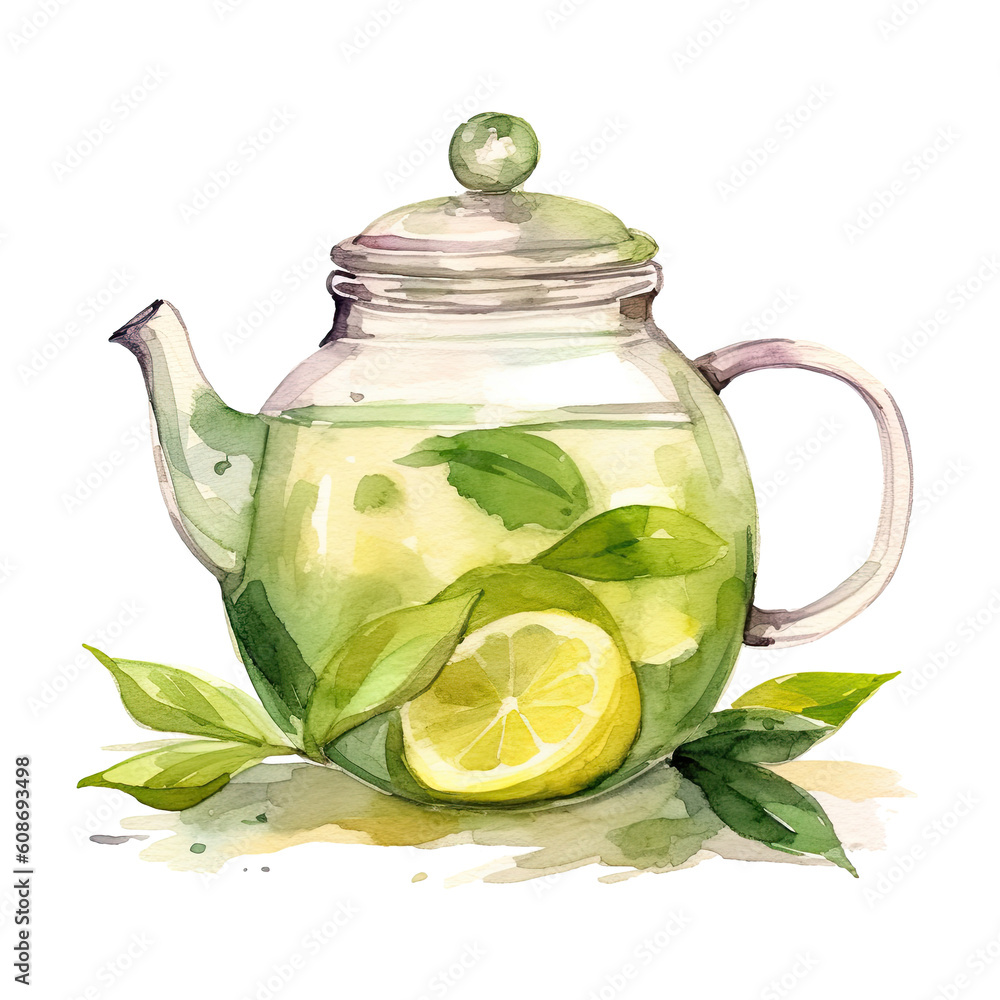 Watercolor green tea. Illustration AI Generative.